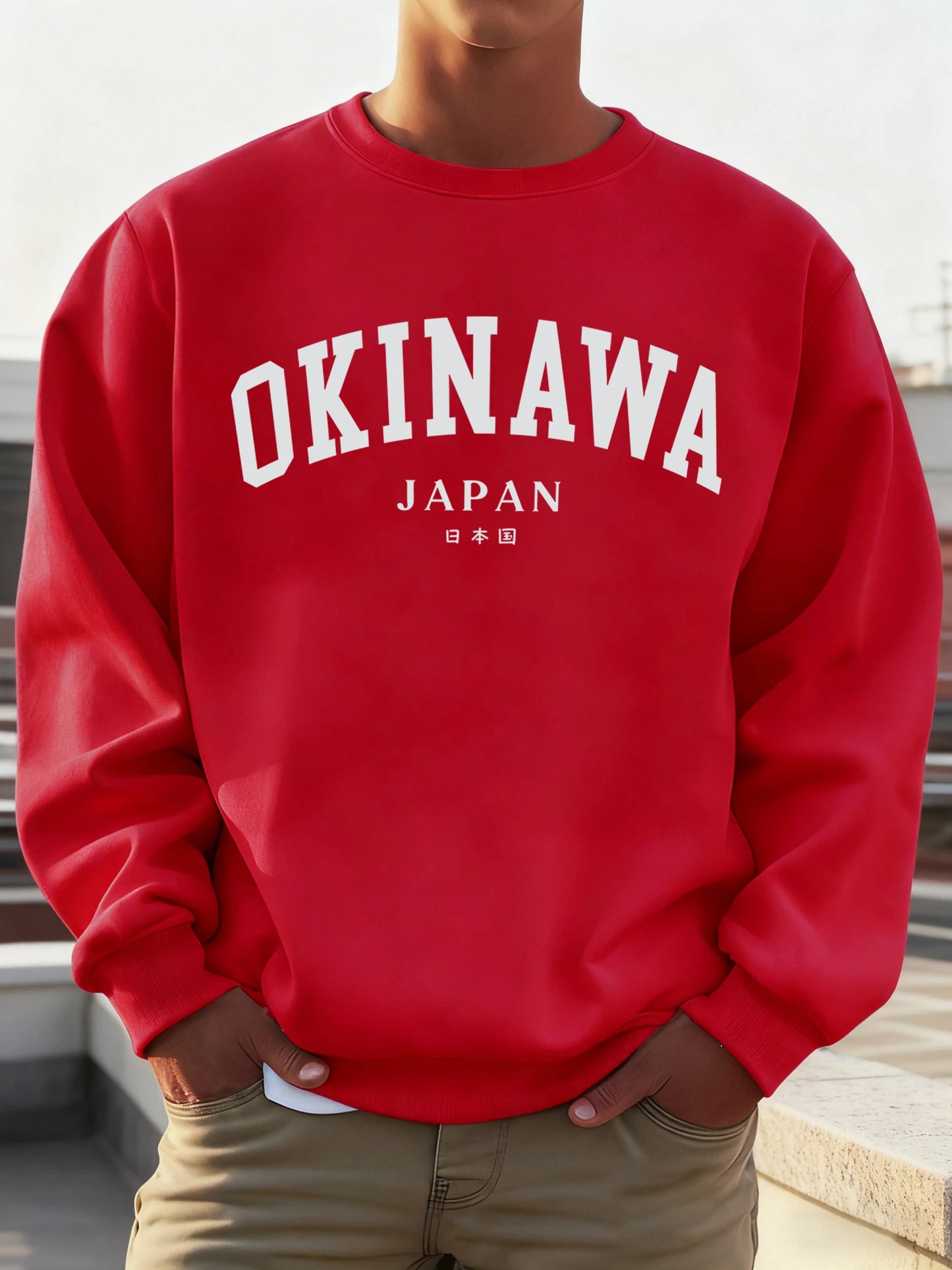 Okinawa Japan Letter Printed Male Sweatshirt Hip Hop Simple Long Sleeve Fleece Trendy Pullovers Unisex Loose All-Match Clothes