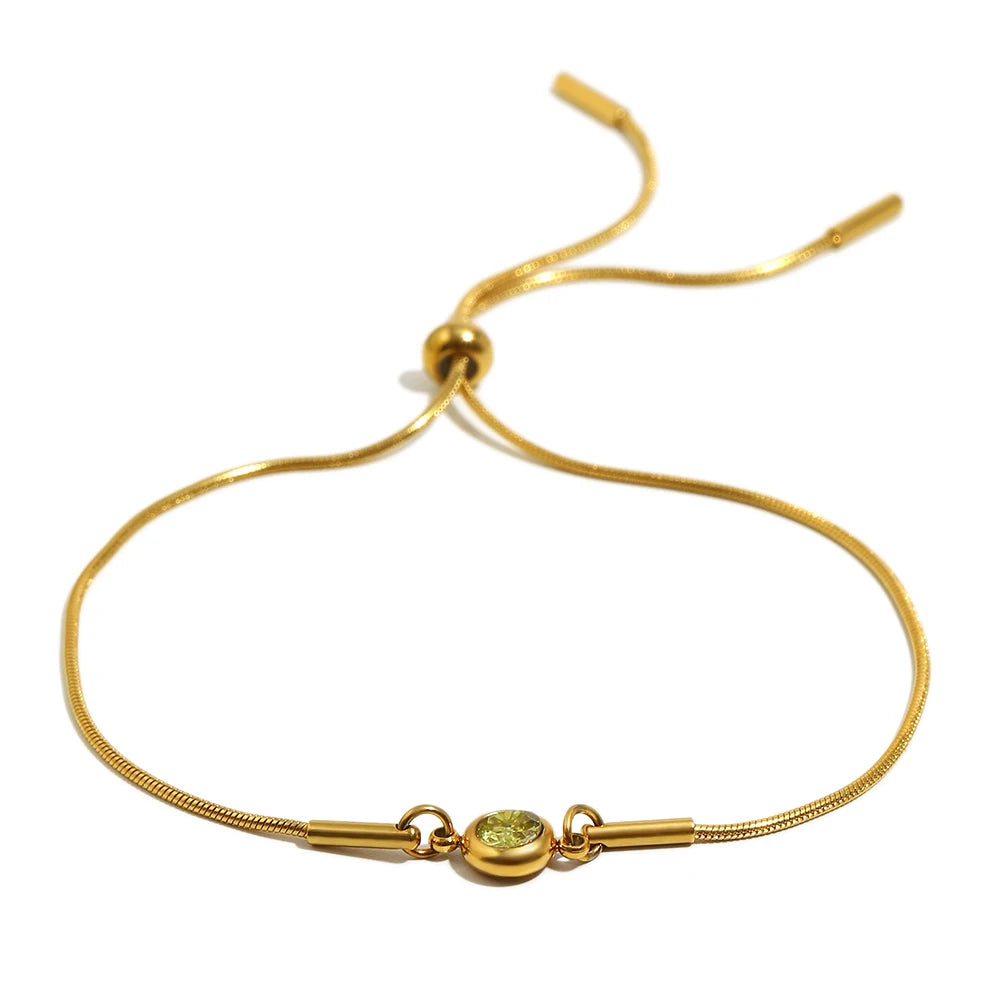 E.B.belle Colorful Round Zircon Birthstone Snake Chain Adjustable Bracelet Chain Gold Plated Stainless Steel Women Chic Jewelry