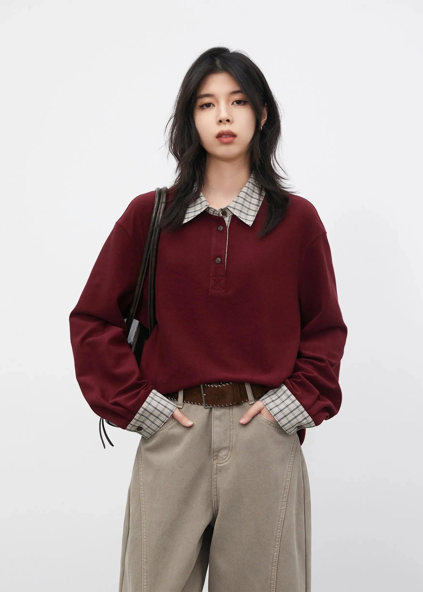 Color Block Plaid T-Shirt  Loose Casual Long Sleeve