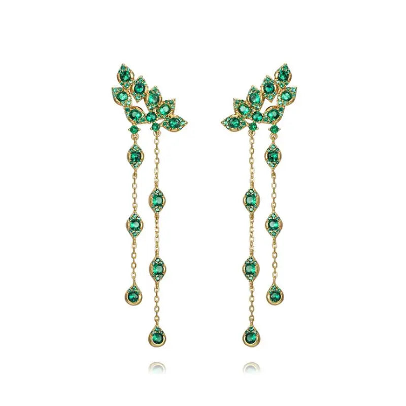 925 Sterling Silver Ear Needle Green Zircon Stud Earrings for Women Luxury Long Chain Geometric Gold Earrings Fashion Jewelry
