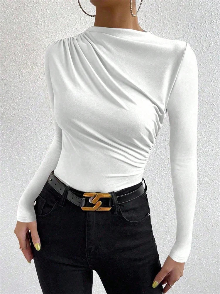 Casual Pleated Mock Neck Long Sleeve T-shirt for Women Autumn Winter Spring Solid Color Ruched Skinny Slim Fit Blouse Top Tshirt