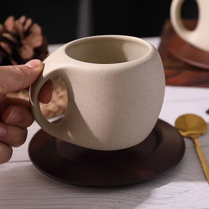 1-2 Sets Ceramic Coffee Cup and Plate Set Vintage Latte American Coffee Cup Wooden Coaster