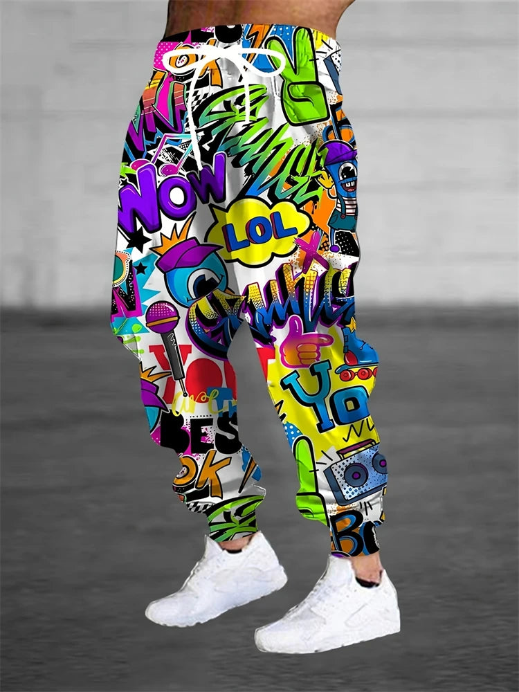 Men's Casual Pants Fashion 3D Colorful Graffiti Print Outdoor Trend Drawstring Pants Large Size Men's Hip Hop Pants