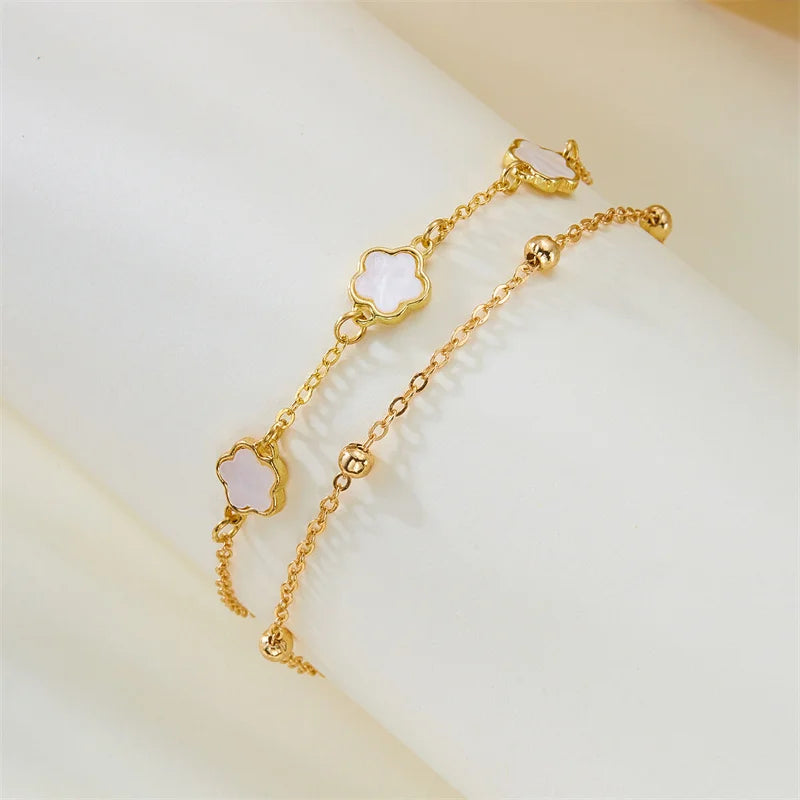 Design Sense 5 Leaf Flower Anklet for Women Lucky Flower Double Layer Chain Bracelet On The Leg Beach Barefoot Sandal Jewelry