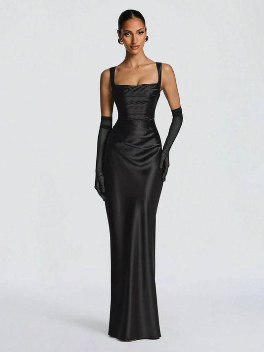 Black Satin Floor-Length Slip Dress With Ruched Waist And Sheer Gloves For Evening Gala Or Wedding Event