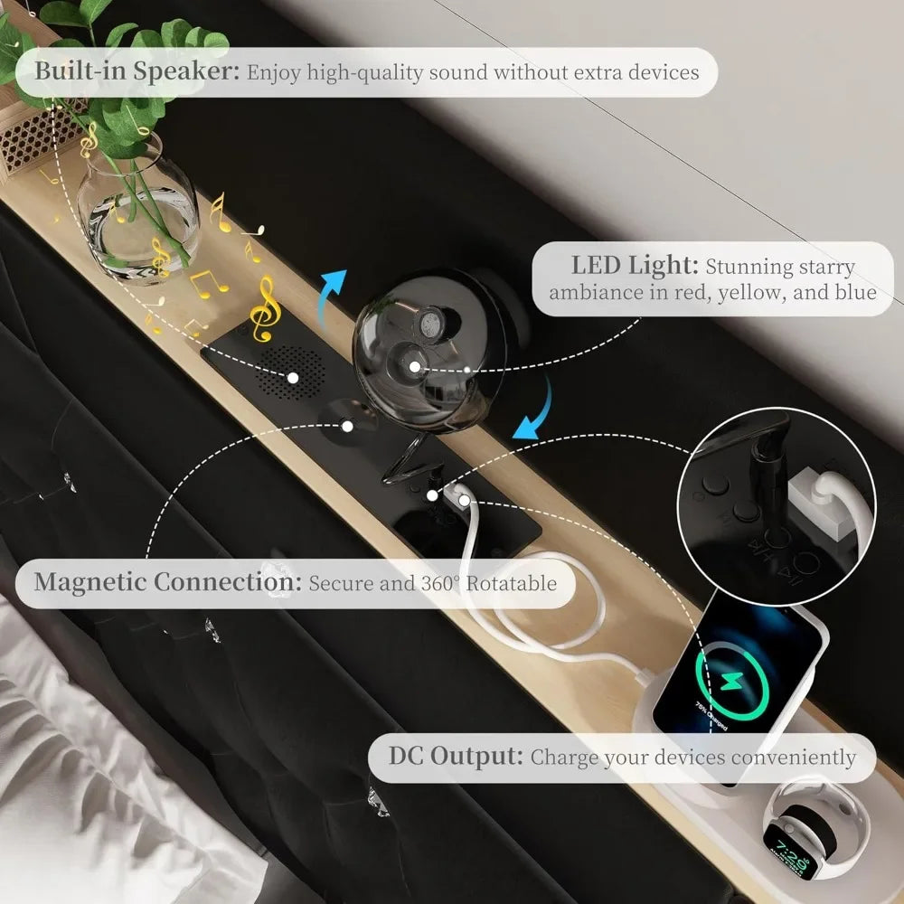 Queen LED Bed Frame with Galaxy Aurora Star Projector Diamond Upholstered Wingback Platform Bed with Charging Station 52 Inch