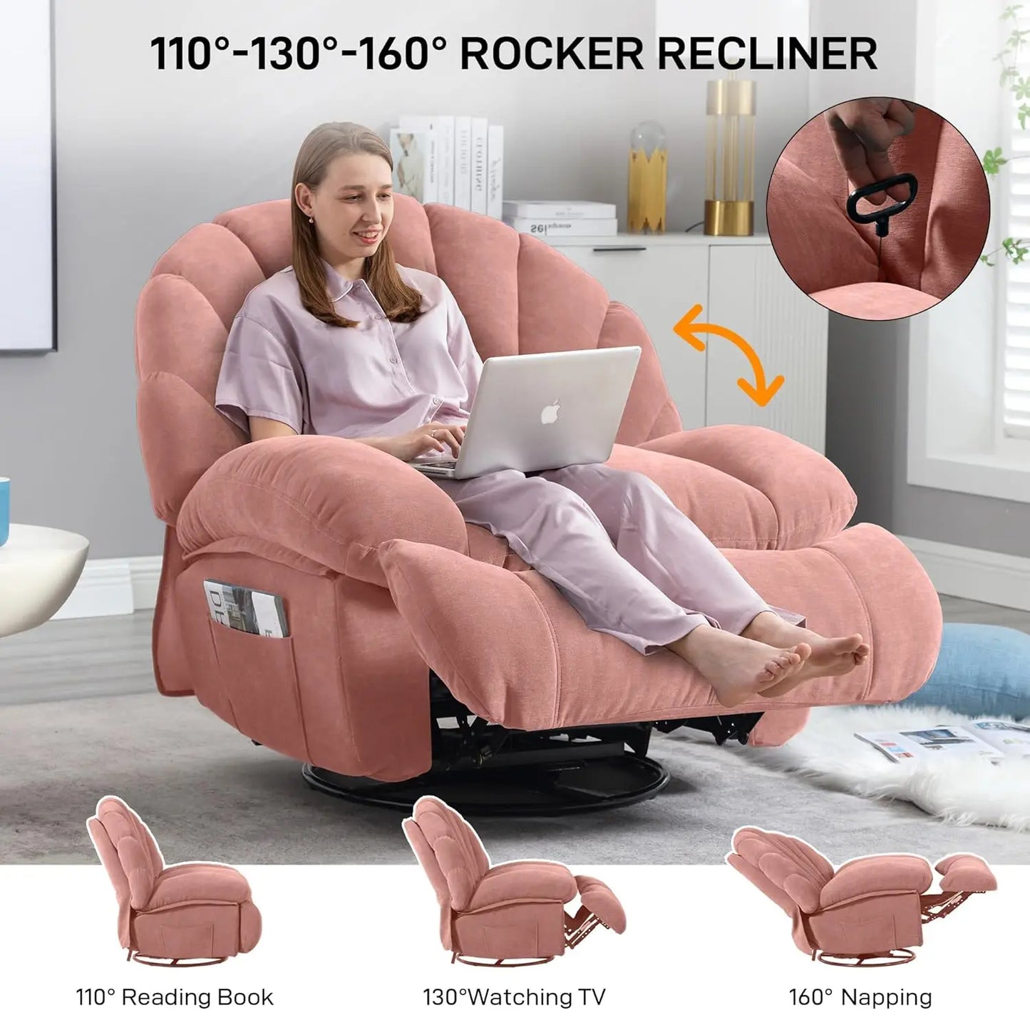 Shell Swivel Rocker Recliner Chair 360 Manual Big Tall Sofa Storage Pocket Living Bedroom Small Pink, Customized
