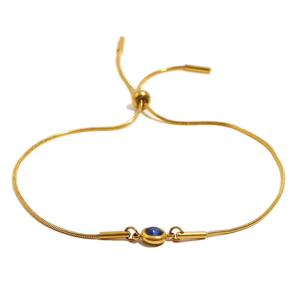 E.B.belle Colorful Round Zircon Birthstone Snake Chain Adjustable Bracelet Chain Gold Plated Stainless Steel Women Chic Jewelry
