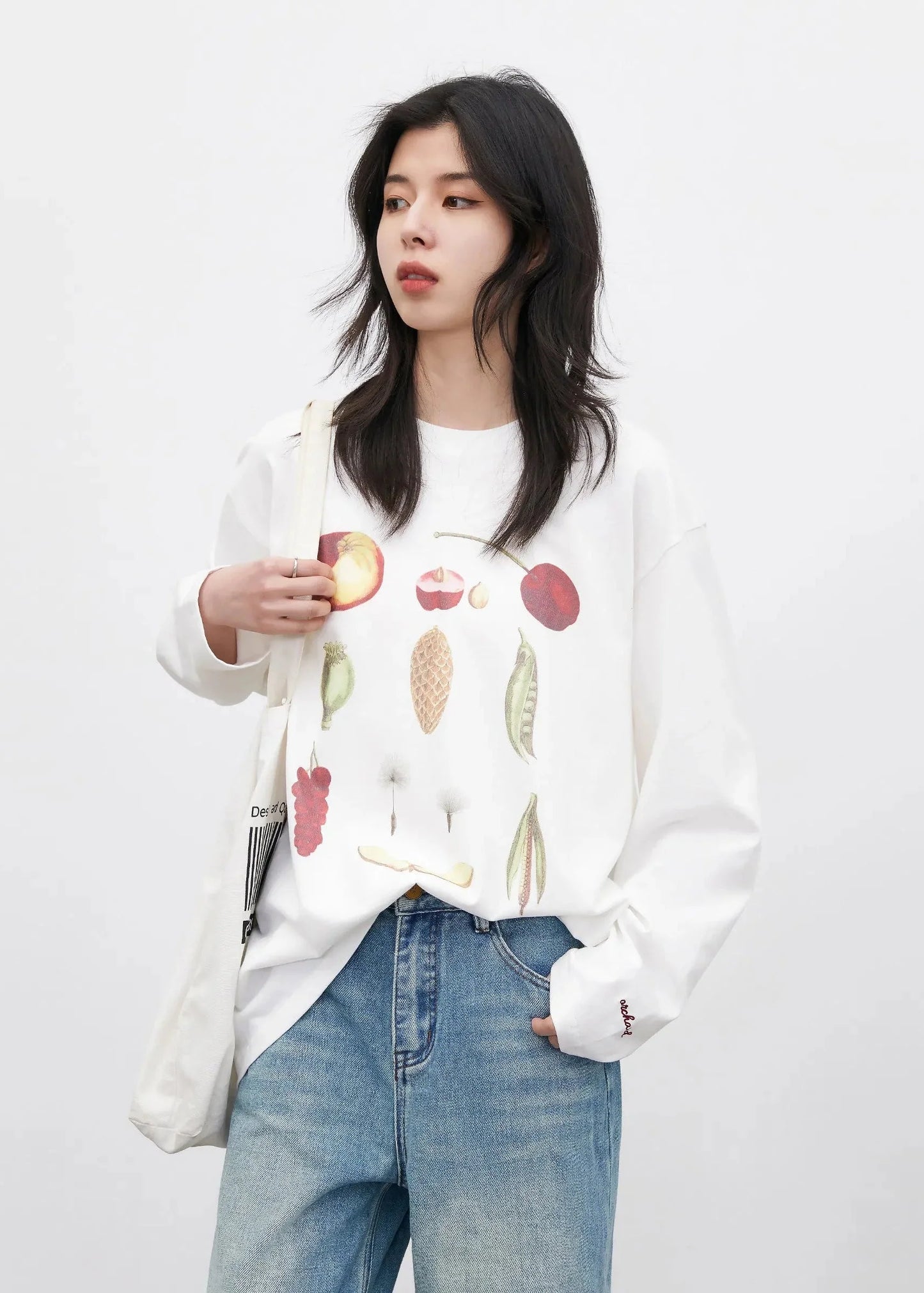 Floral & Fruit Print Long Sleeve T-Shirt Cotton Tee