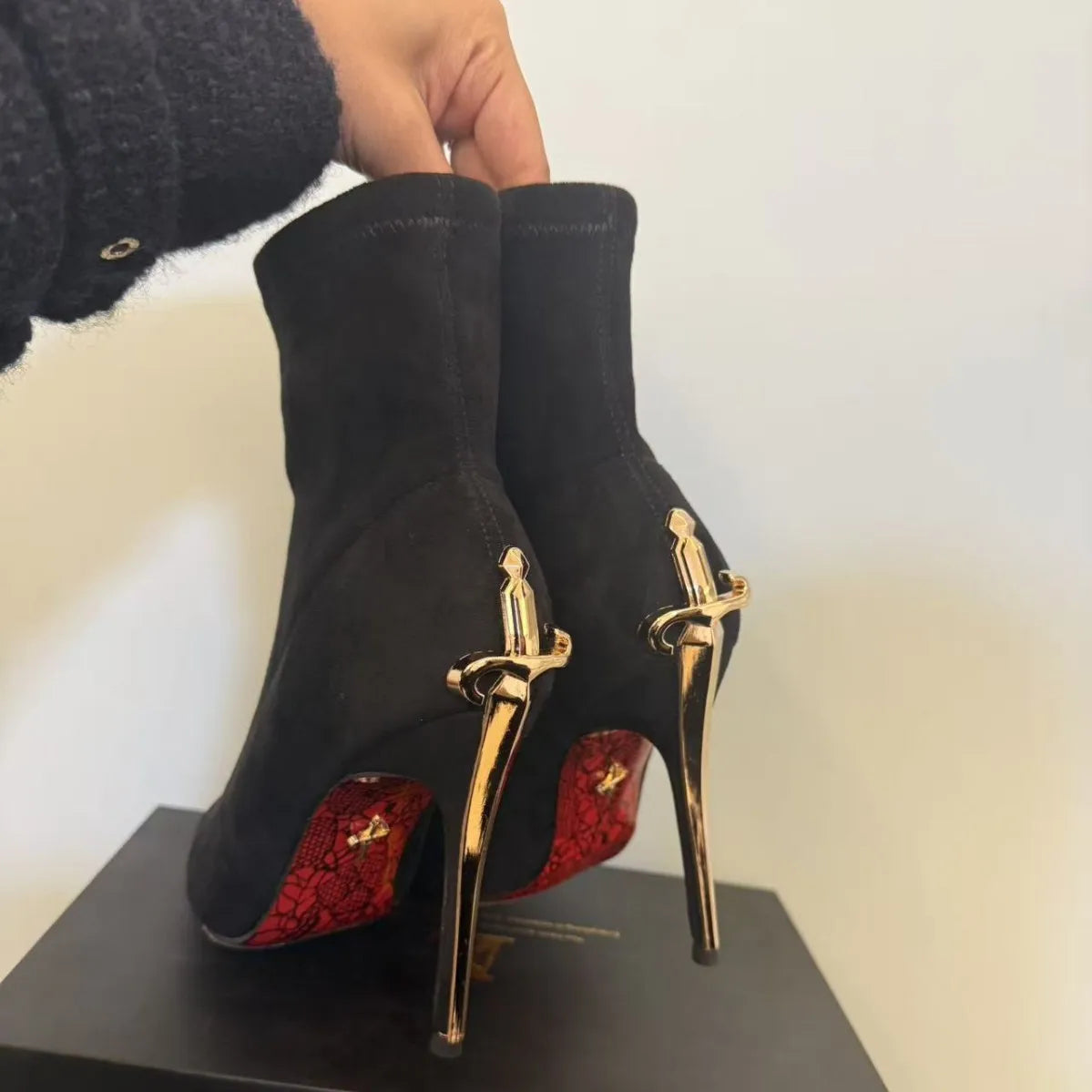Ladies' Short High Heels Velvet Surface Red Bottom Boots Sharp Point Elastic Boots Gold Dagger Staff Boots Winter Fashion Boots