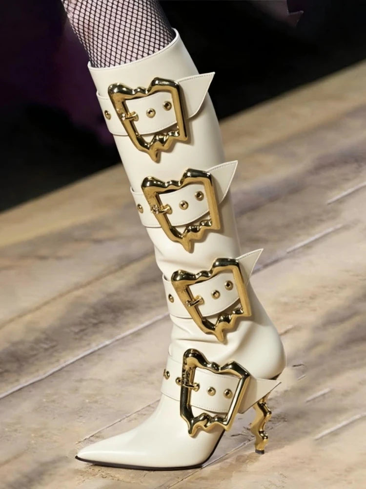 Gold Beltbuckle Decorative Sidezipper Kneehigh Boots Women's Metal High-heeled Versatile Banquet Boots