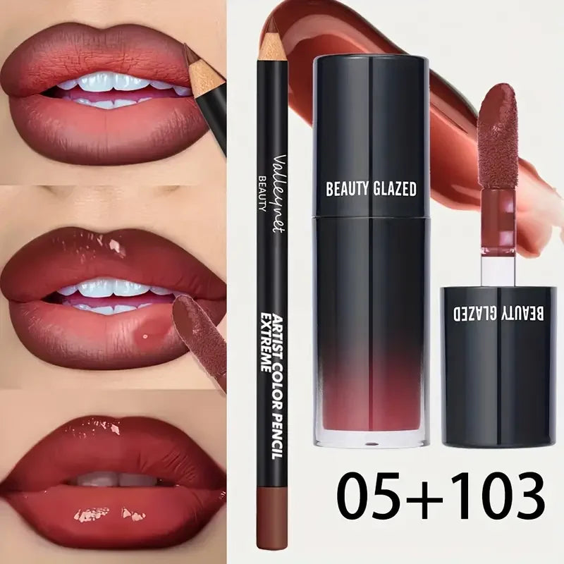 2pcs/Set Velvet Texture Lip Makeup,Matte Effect, Red, Brown Colors, Create a Moisturizing and Natural Lip Makeup