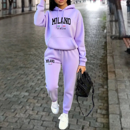 2pcs MILANO Letter Print Women’s Hoodie & Pants Tracksuit Set Sweatsuits in a Variety of Colors