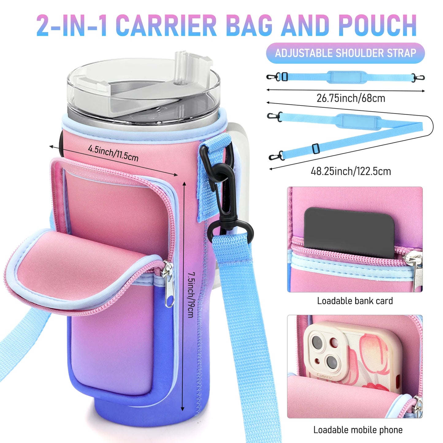 Water Bottle Holder with Shoulder Strap for 40 Oz Cup Tumbler Cup, Water Bottle Pouch with Adjustable Strap, Cup Accessories
