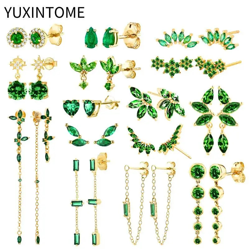 925 Sterling Silver Ear Needle Green Zircon Stud Earrings for Women Luxury Long Chain Geometric Gold Earrings Fashion Jewelry
