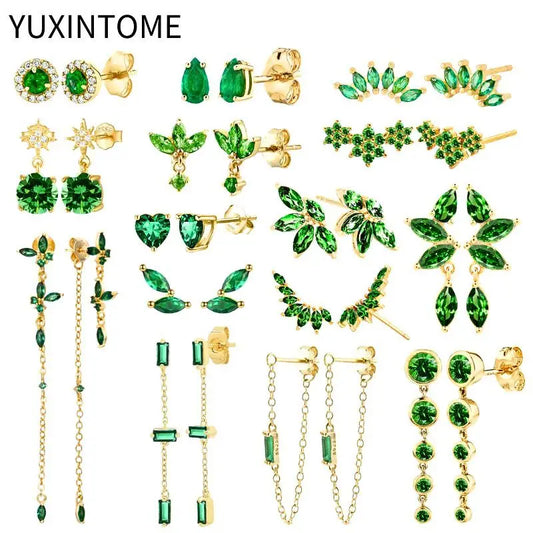 925 Sterling Silver Ear Needle Green Zircon Stud Earrings for Women Luxury Long Chain Geometric Gold Earrings Fashion Jewelry