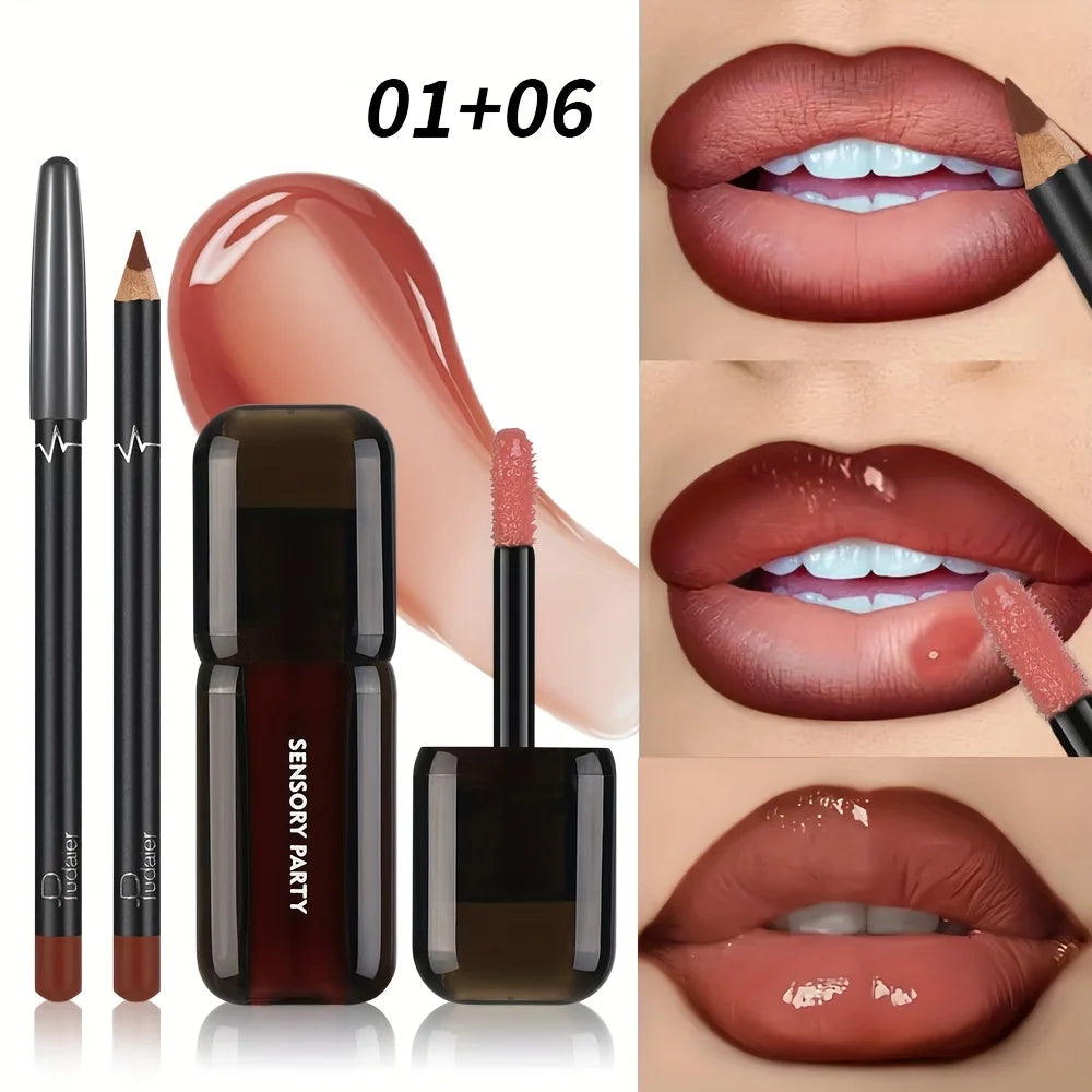 Pudaier Lip Gloss & Lip Liner Set, Hydrating Long Lasting Waterproof Non-Smudge Lip Makeup, Smooth Lip Kit for Women