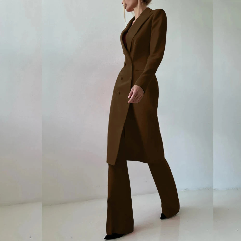 Customized Elegant Slim Fit Women's Suits 2 Piece Blazer Double Breasted Peak Lapel Long Jacket Pants Sets Fashion Clothing 2025