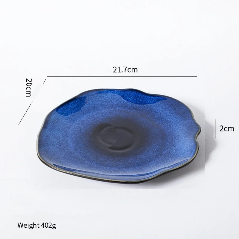 1PCS Cat Eye Blue Color NEW Japanese Ceramic Food Dish Flat Plate Pottery Irregular Dish Dinnerware Steak Display Dish