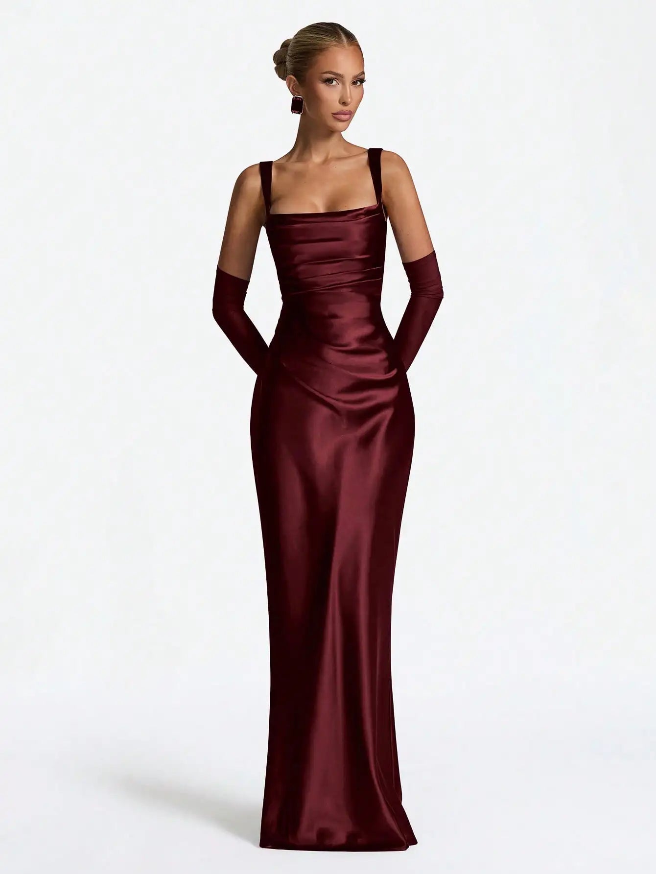 Black Satin Floor-Length Slip Dress With Ruched Waist And Sheer Gloves For Evening Gala Or Wedding Event