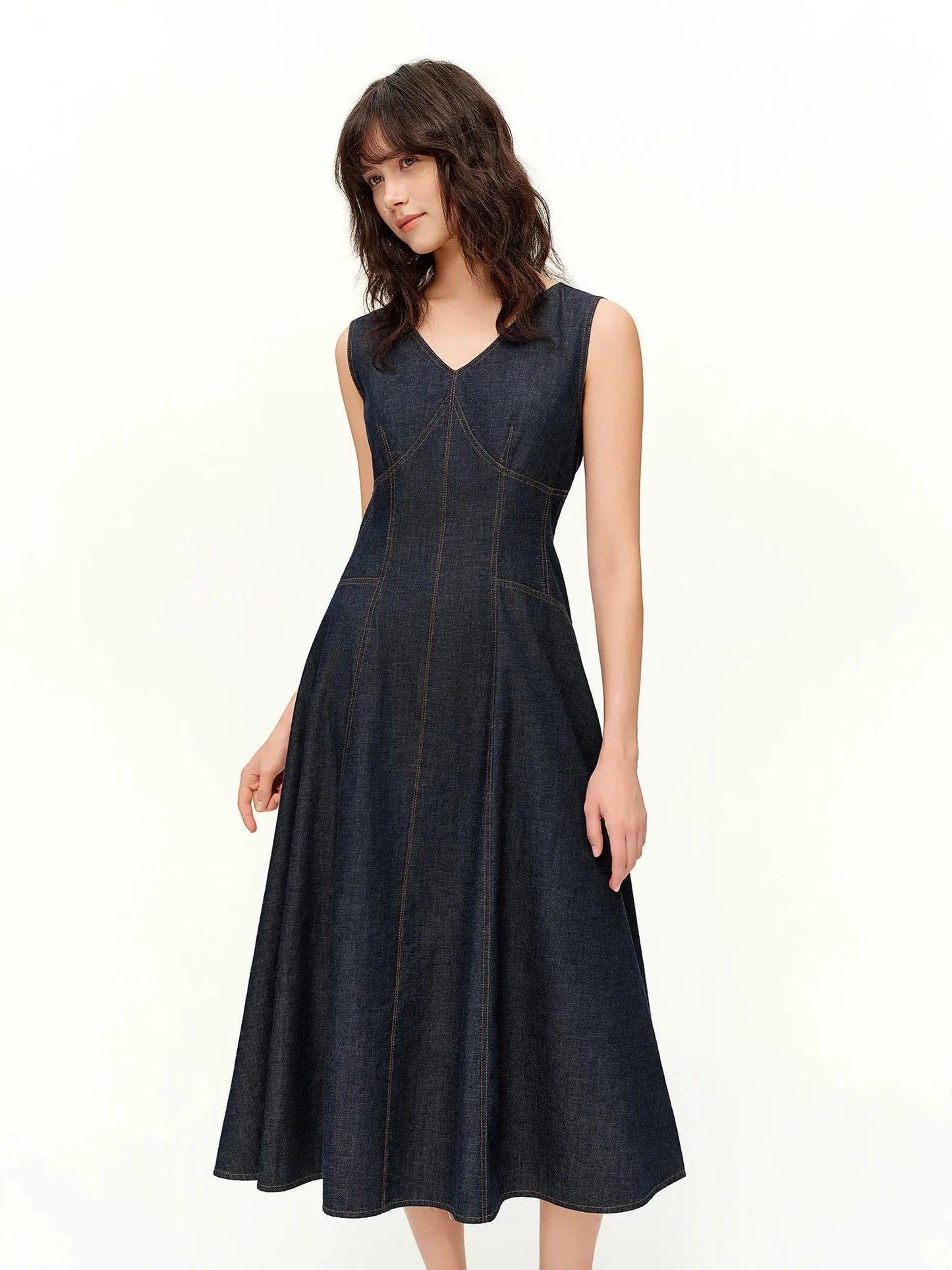 Women’s Sculpted Denim Midi Dress Sleeveless A-Line Style