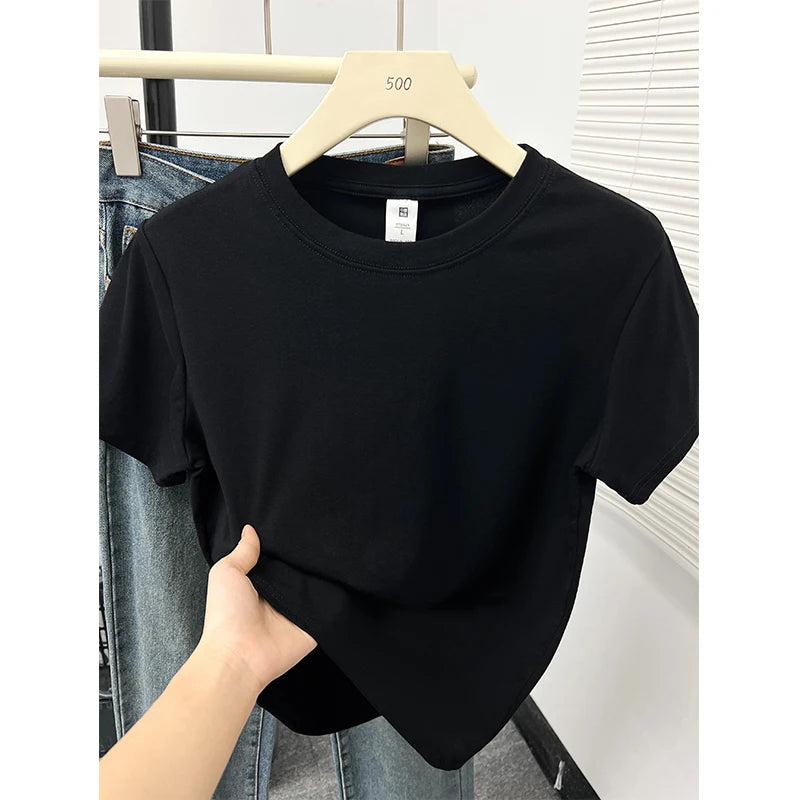 2026 Summer New High Quality Casual Plus Size T Shirt Sexy Short Sleeved Sleeves Fashion Trend Solid Women Clothing Y2k Tops