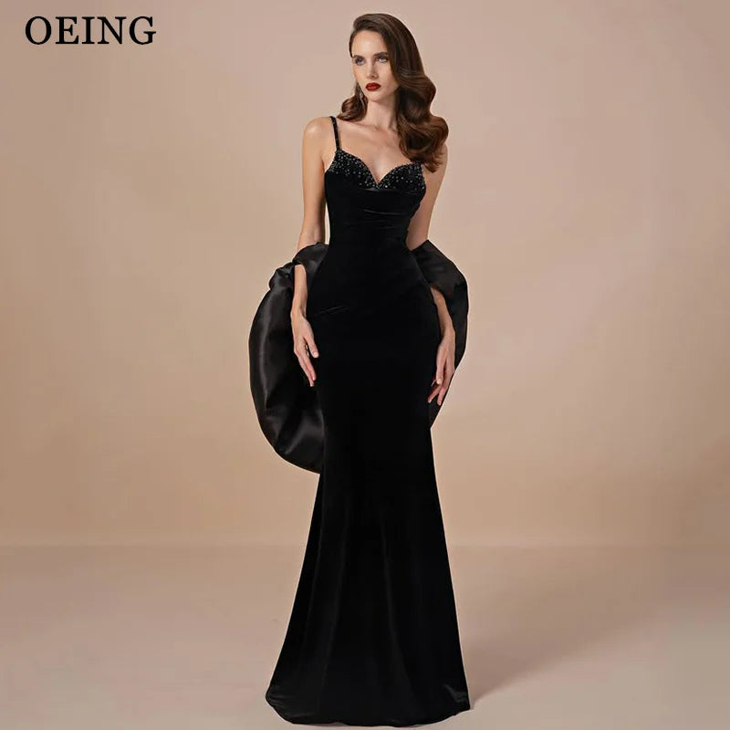 OEING Elegant Mermaid Prom Dress Black Sleeveless Floor Length Velvet Beading Evening Dresses robes de soirée Customized
