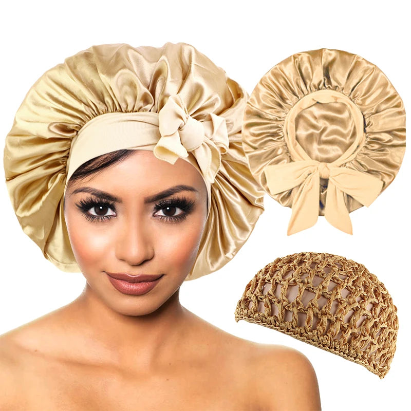 Satin Bonnet Silky Night Sleeping Cap with Stretchy Tie Band - 2pcs