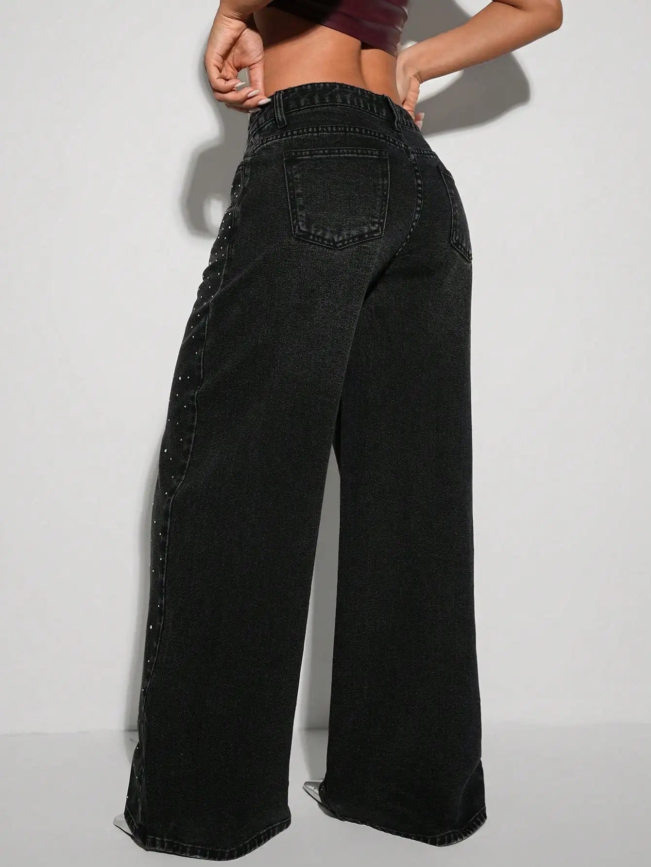Women's Black Rhinestone Embellished Wide Leg Jeans - Y2K Sparkle Party Pants