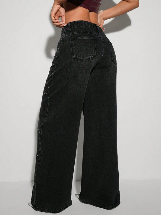 Women's Black Rhinestone Embellished Wide Leg Jeans - Y2K Sparkle Party Pants