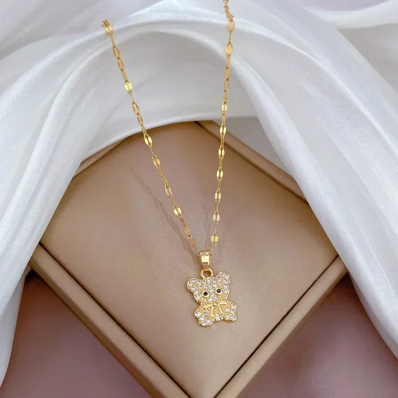 Gold Color Stainless Steel Chain Cute Shiny Zircon Bear Pendant Necklaces for Women Girls Lovely Luxury Jewelry Accessories Gift