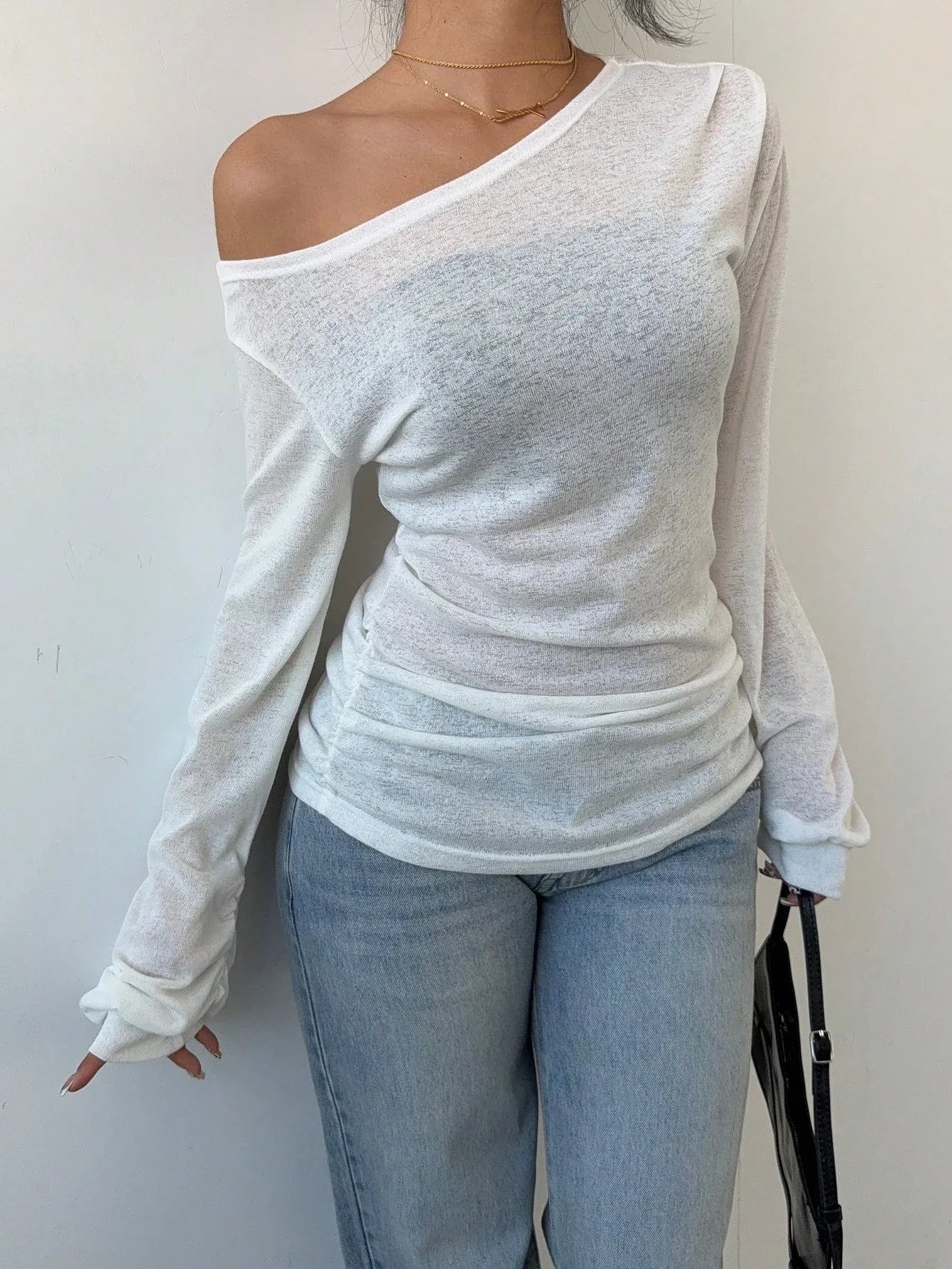 Women's Casual Solid Color Slope Collar Long Sleeved T-Shirt Loose Slouchy Style See-Through Off The Shoulder Top