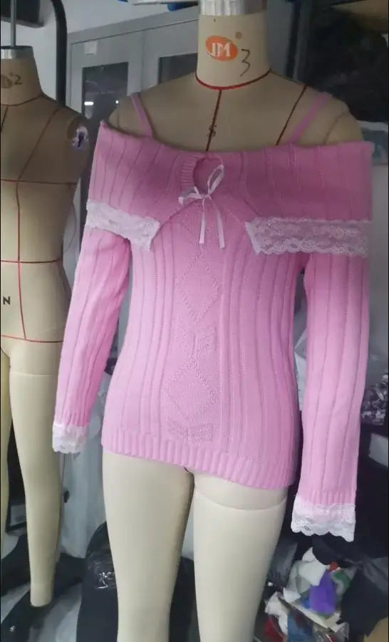 Women Long Sleeve Contrast Lace Knit Pullovers Autumn Winter Cold Shoulder Sweaters Bow Front Jumper Tops Beige/Pink