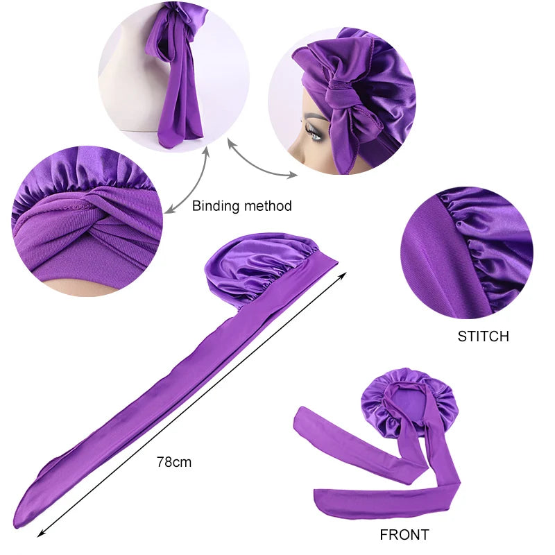 Satin Bonnet Silky Night Sleeping Cap with Stretchy Tie Band - 2pcs