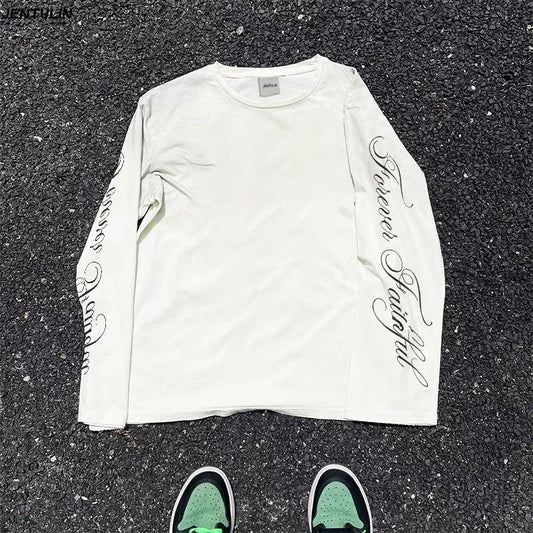 Men Clothing High Quality Letters Graphic Printing Casual Loose Long Sleeve T Shirts Y2K Trend Women Fashion Vintage Streetwear