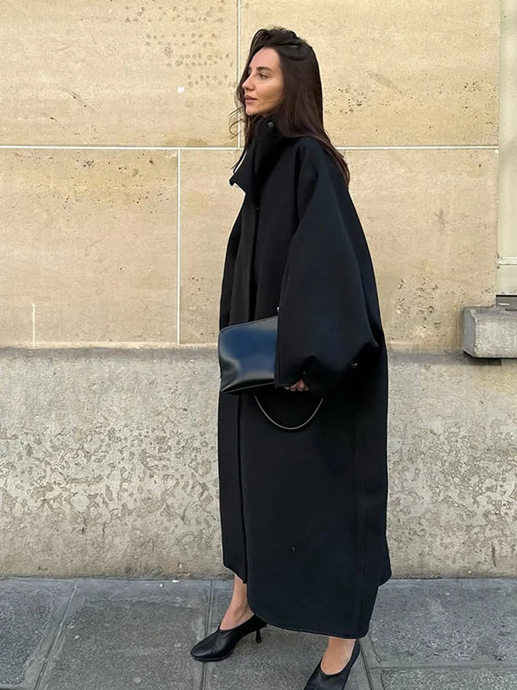 Women's Elegant Faux Suede Long Jacket Stand Collar Bat Sleeve Solid Overcoat Outwears 2025 Autumn Winter Female Streetwears