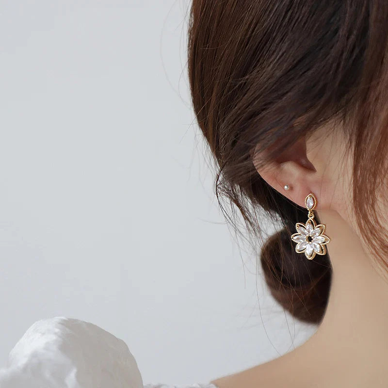 14K Real Gold Dainty Korean Flower Earrings for Women | Bling AAA Zirconia Stud Earrings