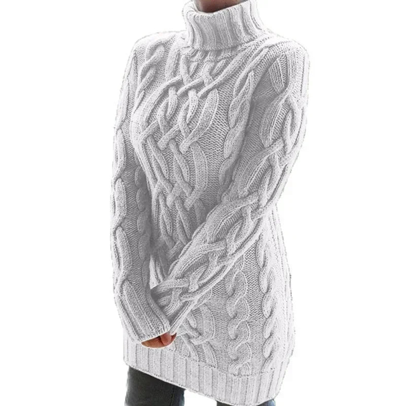 Women Fashion Long Sweater Dress High Collar Knitted Sweater Solid Color Thicken Pullovers Mini Vestidos 2024 Winter Autumn