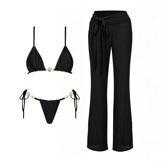 Black 3Pc Button Bikini Sexy Swimsuit Women 2026 New Swimwear Lace Skirt Swim Suit Push Up Bathingsuit Bandeau Biquini Beachwear