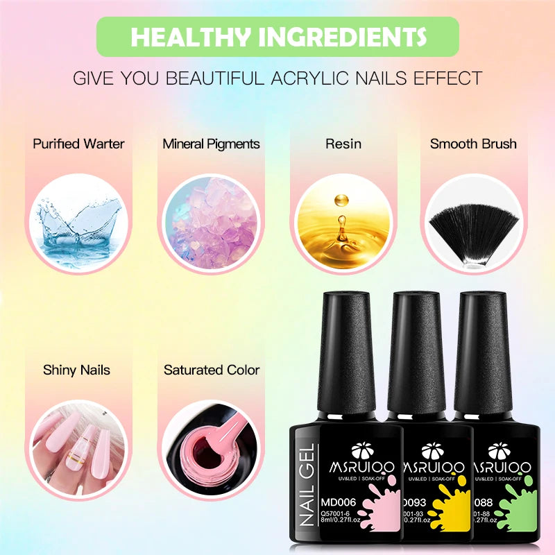 MSRUIOO 8pc Gel Nail Polish Kits Summer Colorful Semi Permanent UV LED Gel Polish Set Glitter Nail Art Varnish Design Manicure