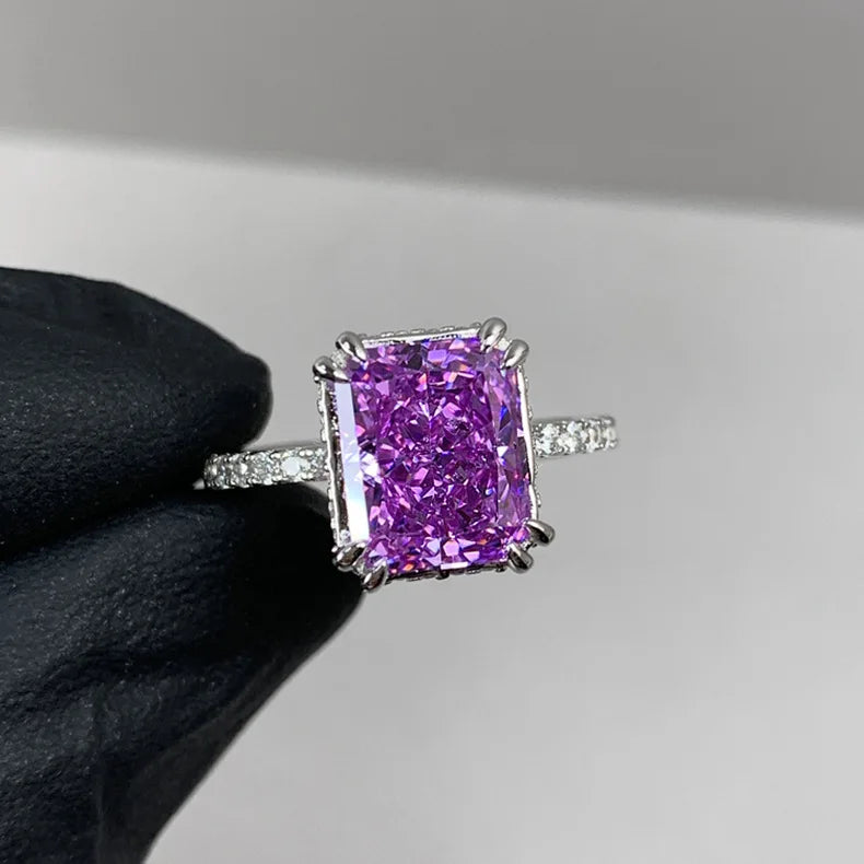 Exquisite Princess Purple Crystal Rings for Women Luxury 14K White Gold Plated Engagement Bride Resizable Ring Jewelry