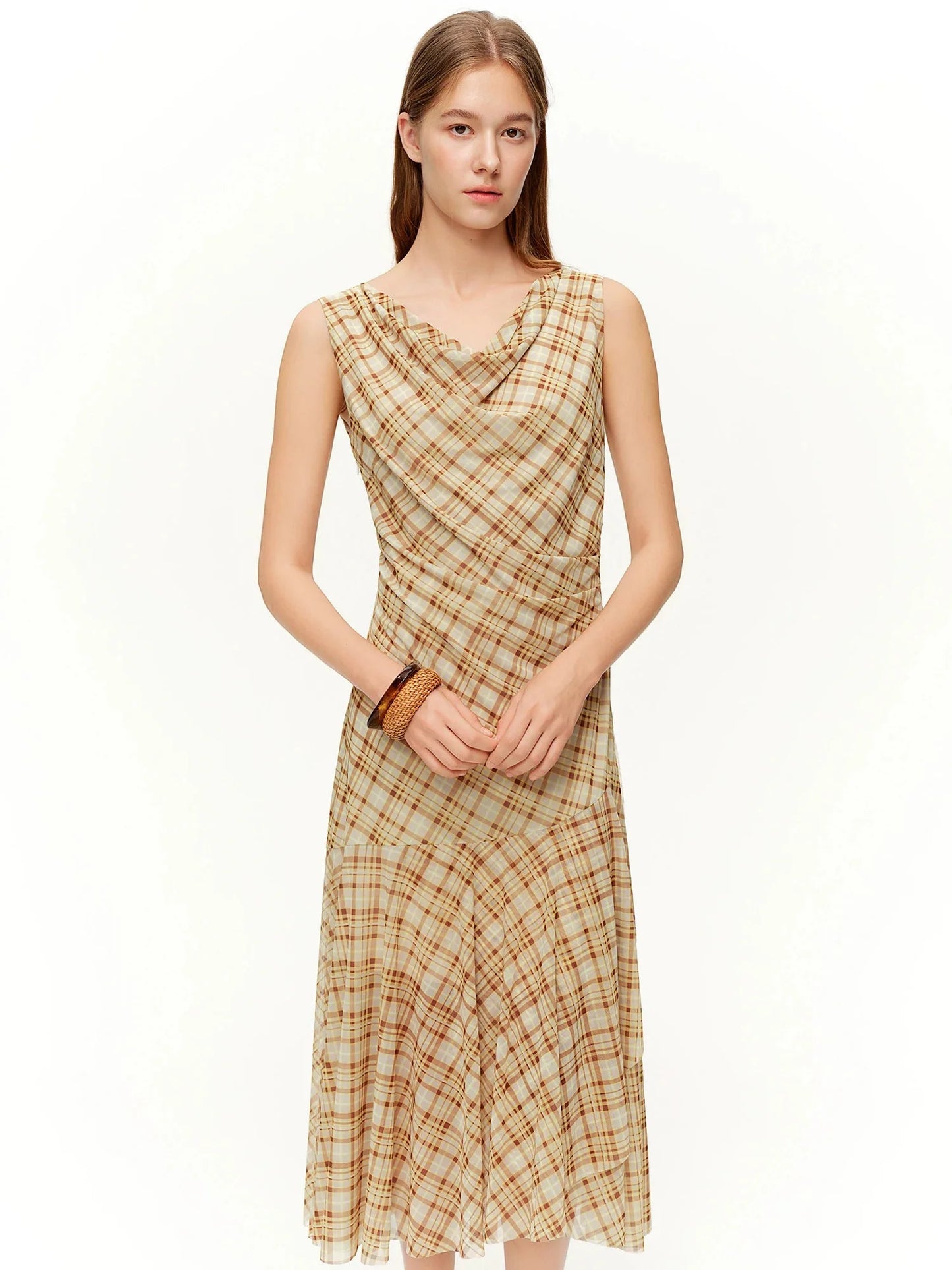 Brown Retro Plaid Mesh Maxi Dress Romantic Style