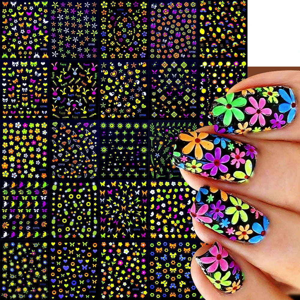 24Pcs 3D Fluorescent Flower/Butterfly Nail Stickers Glow in the Dark Adhesive Decals Neon Floral Sticker for Party Nails Decor *