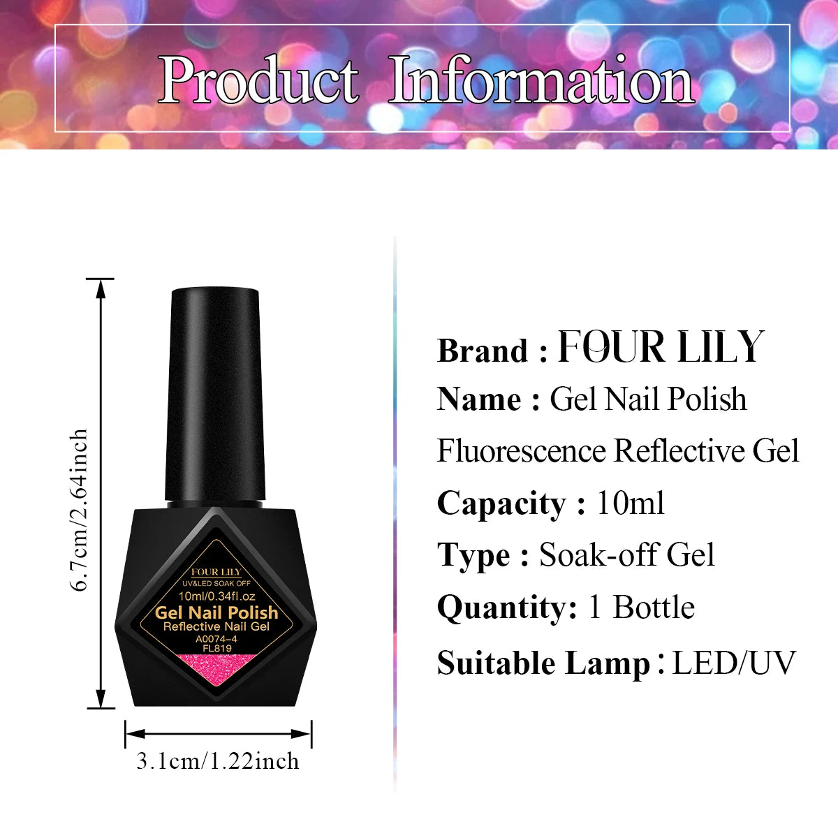 FOUR LILY 10m Pink Fluorescent Reflective Gel Nail Polish Glitter Neon Semi Permanent UV LED Gel Nail Art Varnish Manicure
