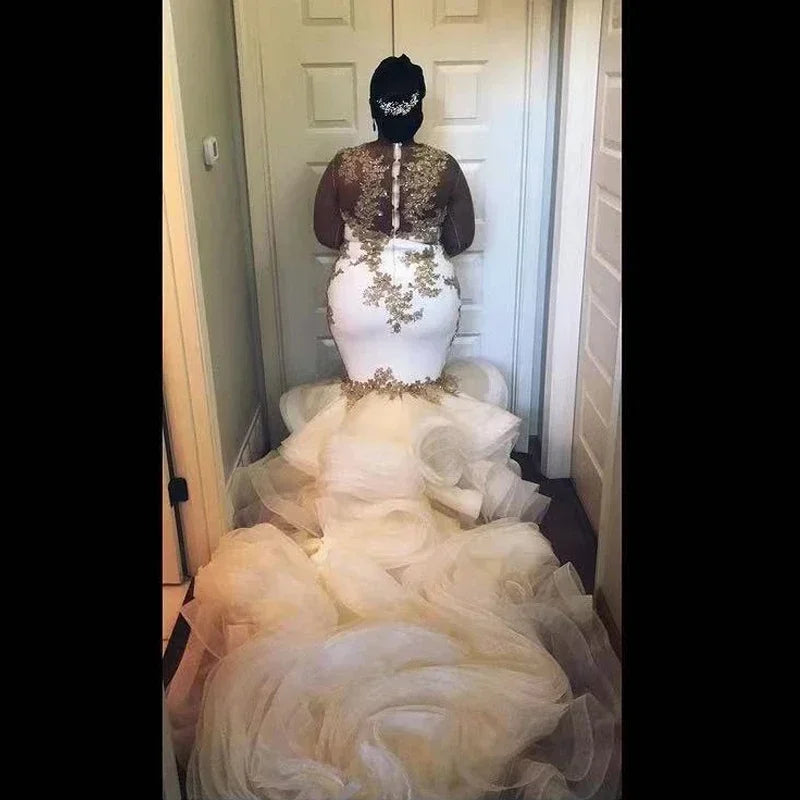 Customized Sexy Gold Lace Mermaid Wedding Dresses Abiti Da Sposa 2024 Sweep Train Tiered Ruffles Plus Size Bridal Gowns