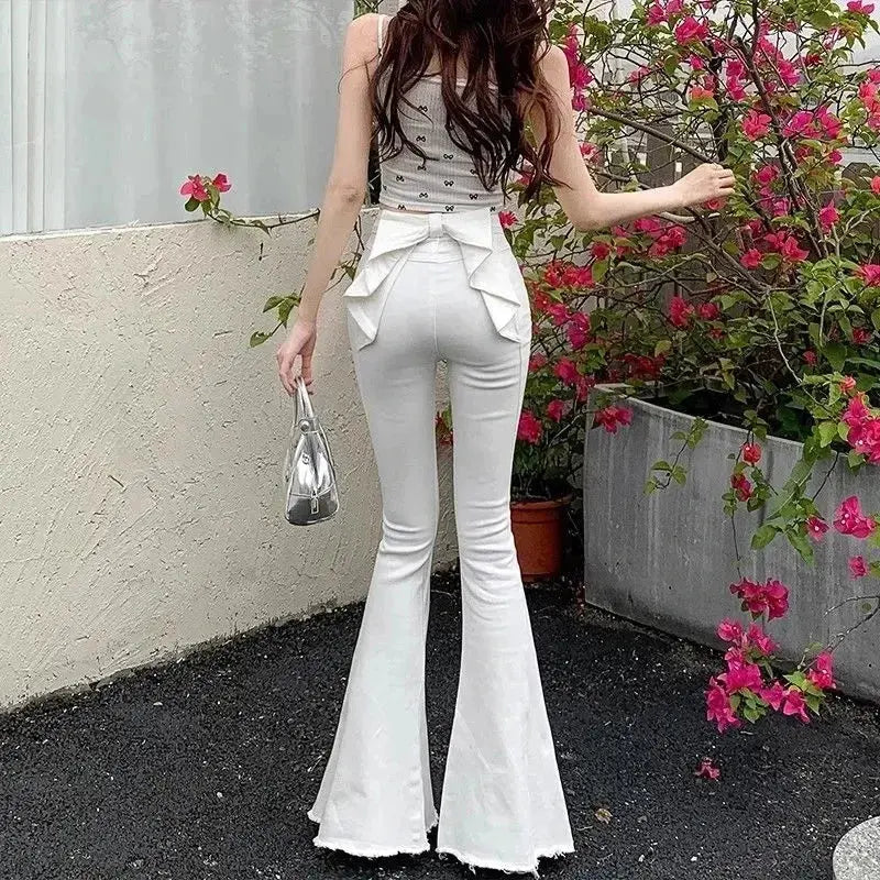 High-Waist Denim Flares with Bow Detail
