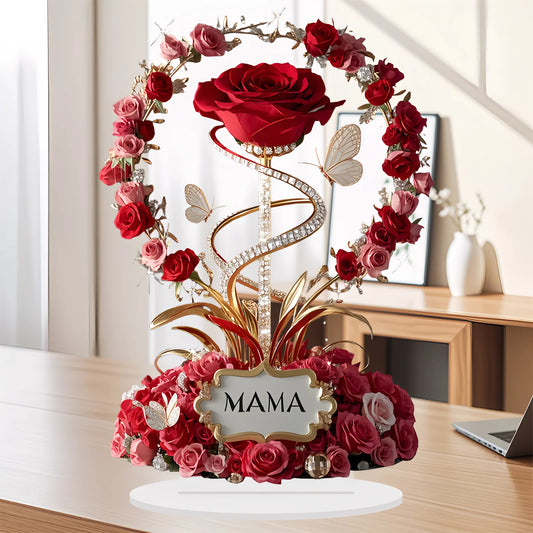 Mother's Day Gift Artificial Floral Arrangement 2D Acrylic Ornament Red Rose MAMA Pattern Roses - Flat Elegant Desk Decoration
