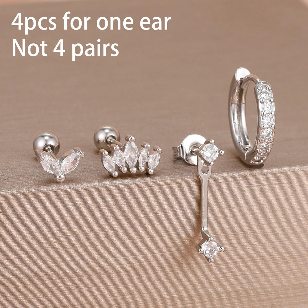 4pcs Stainless Steel Zircon Water Drop Earrings Set