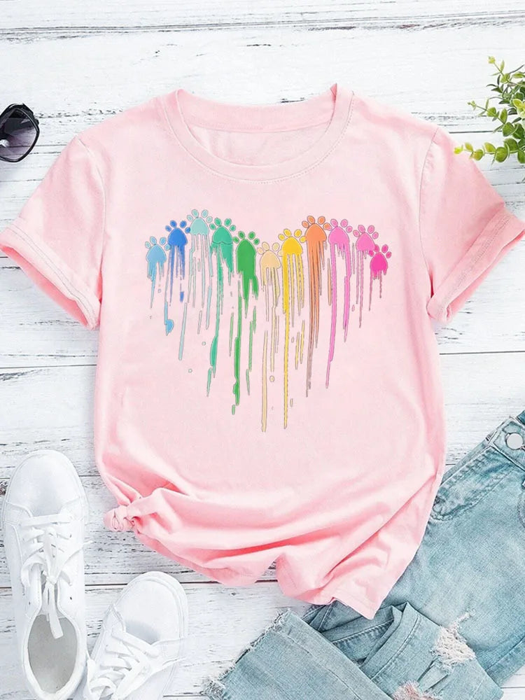 Colorful Dripping Love Print New Fashion Women  Tops Harajuku Women Clothing Graphic T Shirts Summer polyester fabric
