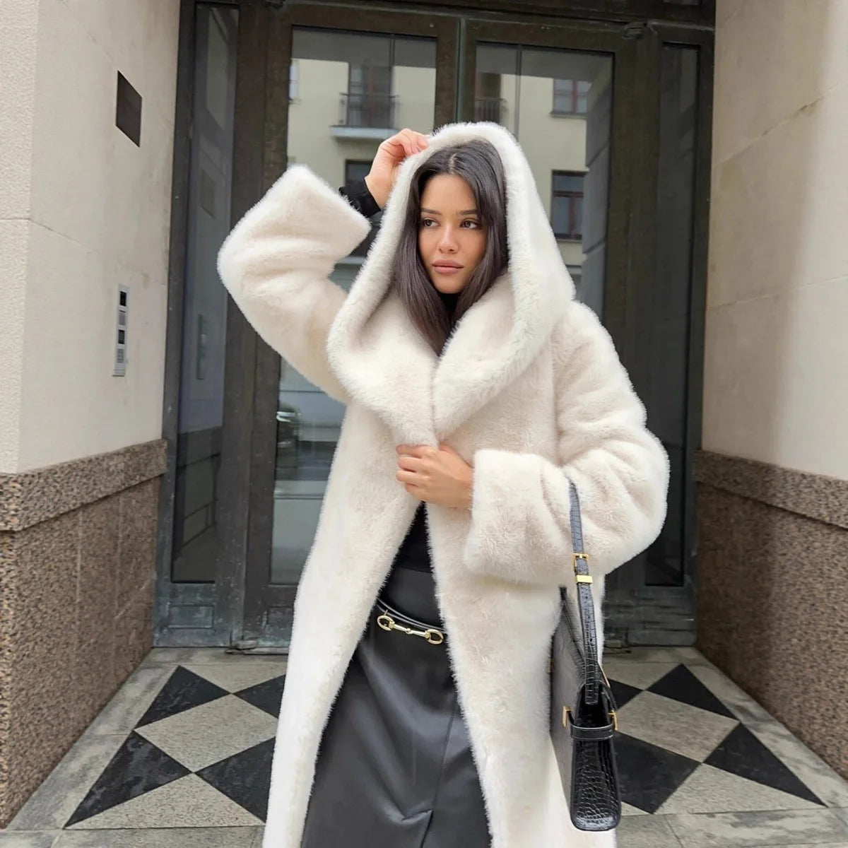 Belted Winter Women Artificial Fur Jacket Thick Cinched Waist Fur Trim Hooded Female Eco Fur Coat Long Warm Lady Faux Fur Coat